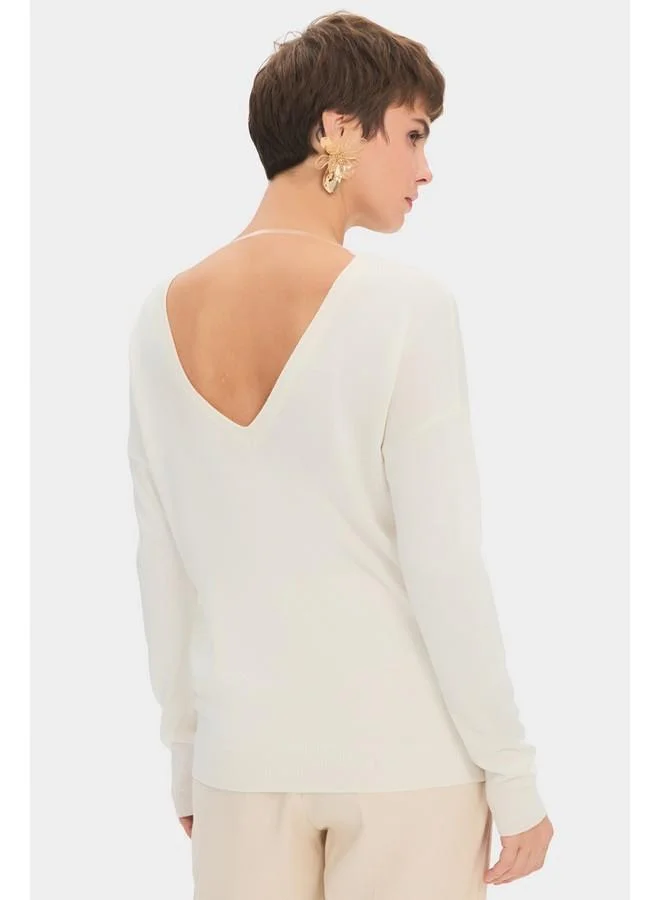 JUNE June Women Exclusive Front Back V Neck Viscose Blend Knitwear Sweater Ecru