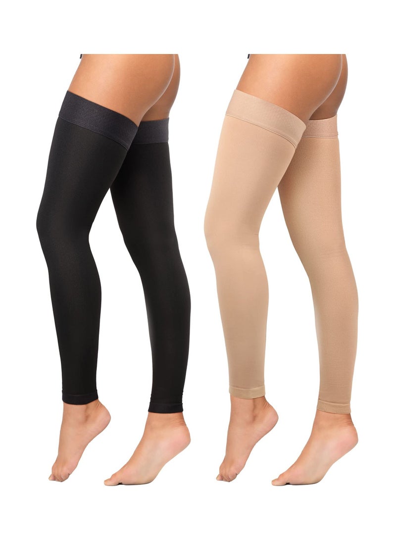 D&L 2 Pairs Thigh High Compression Stockings Footless 20-30 Mmhg Stockings With Silicone Dot Band For Unisex (Beige/Black) - Image 1
