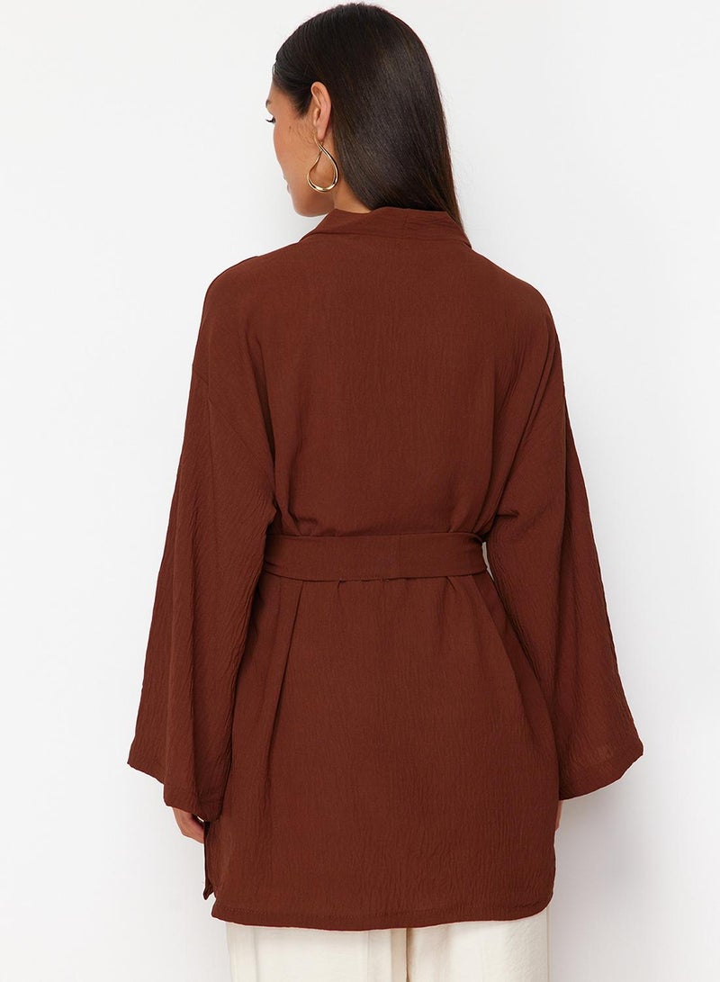 trendyol Brown Woven Linen Look Kimono TCTSS24KK00004 - Image 4