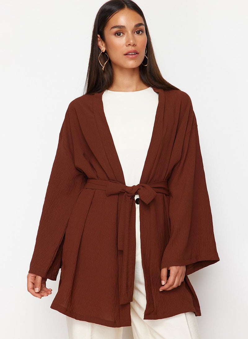 trendyol Brown Woven Linen Look Kimono TCTSS24KK00004 - Image 2