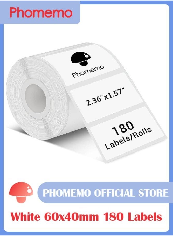 فوميمو ملصقات حرارية مقاس ‎60×40‎ مم، متوافقة مع طابعات M110 وM108 وM150 وM160، مثالية لطباعة الباركود والعناوين والبريد والشعارات والاستخدام التجاري والمنزلي، لون أسود على أبيض، ‎180‎ ملصق لكل لفة - Image 1