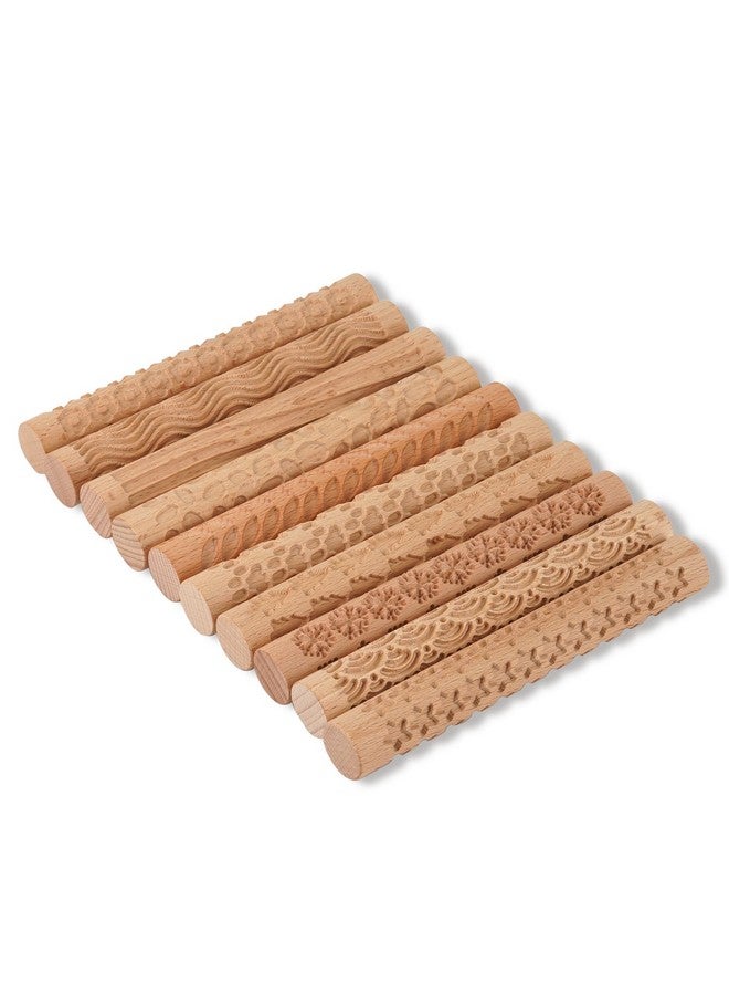 Lzttyee Set Of 10 Wooden Handle Pottery Tools Clay Modeling Pattern Rollers Kit Brown (Set Of 10) - Image 1