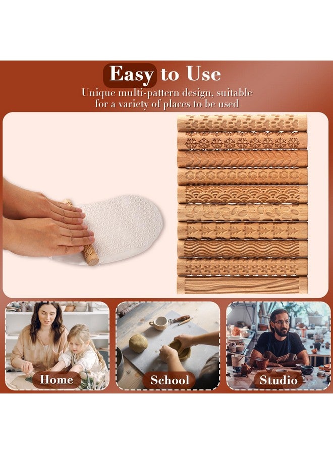 Lzttyee Set Of 10 Wooden Handle Pottery Tools Clay Modeling Pattern Rollers Kit Brown (Set Of 10) - Image 4