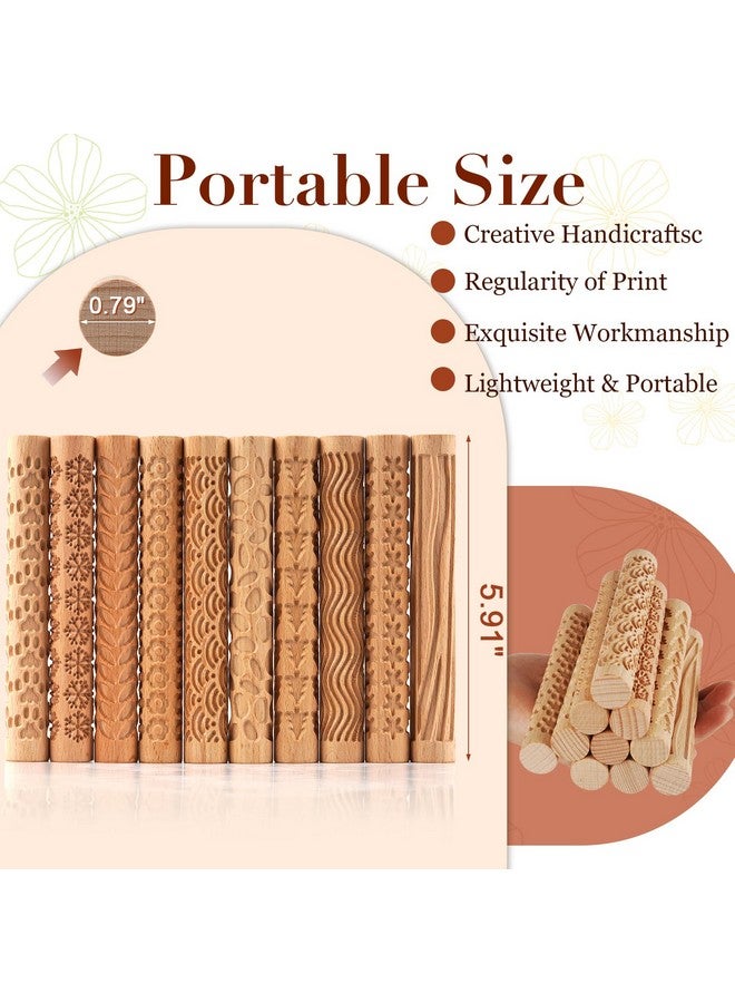 Lzttyee Set Of 10 Wooden Handle Pottery Tools Clay Modeling Pattern Rollers Kit Brown (Set Of 10) - Image 2