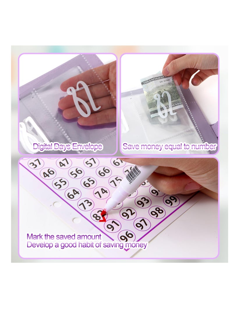 SYOSI 100 Envelopes Money Saving Challenge Binder with Cash Envelopes,A5 Budget Savings Challenges Book to Save $500, 5,050, 10,000 in 30 Days,100 Days and 52 Weeks (Purple) - Image 5
