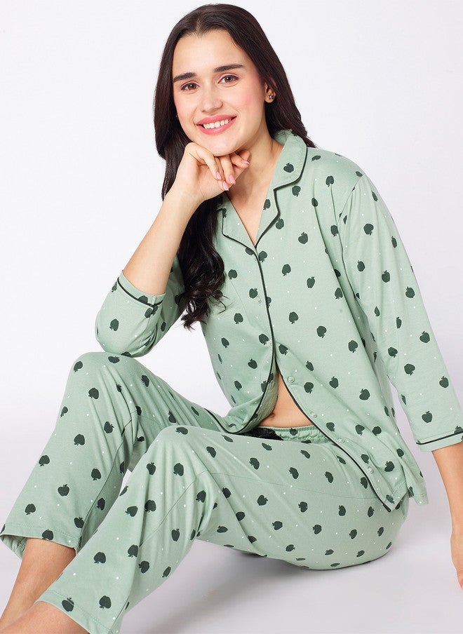 beebelle Green Geometric Printed Night Suit - Image 1