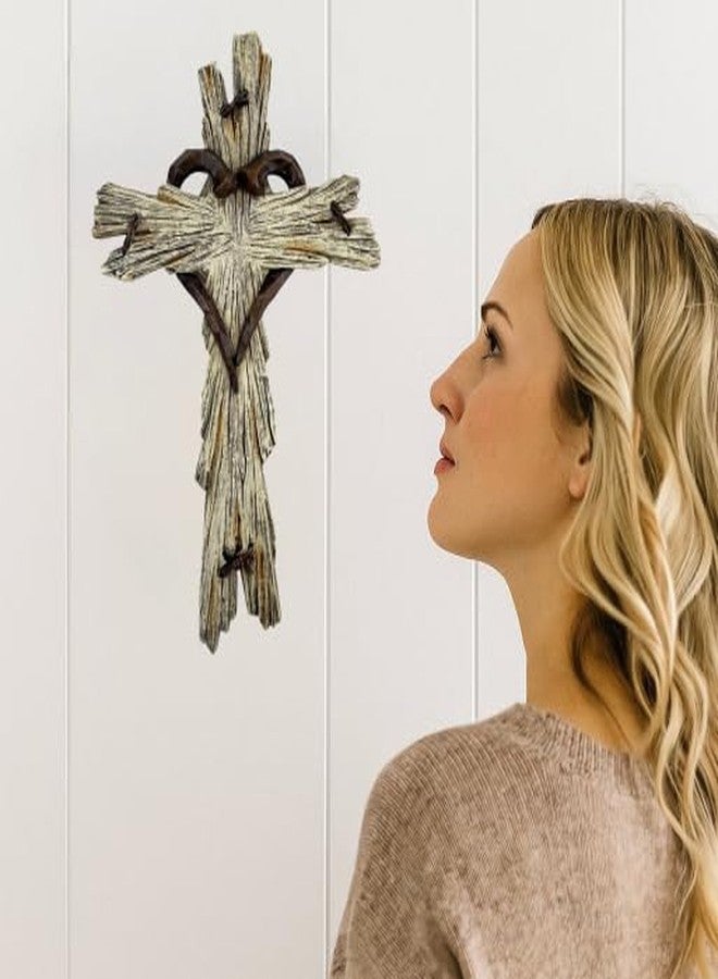 Top Brass Rustic Wood-Look Resin Wall Cross with Barbed Wire & Nail Heart Accents - 11 ½” Christian Farmhouse Wall Décor, Inspirational Religious Gift (Whitewash) - Image 5