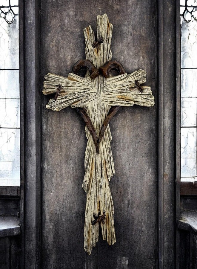 Top Brass Rustic Wood-Look Resin Wall Cross with Barbed Wire & Nail Heart Accents - 11 ½” Christian Farmhouse Wall Décor, Inspirational Religious Gift (Whitewash) - Image 3