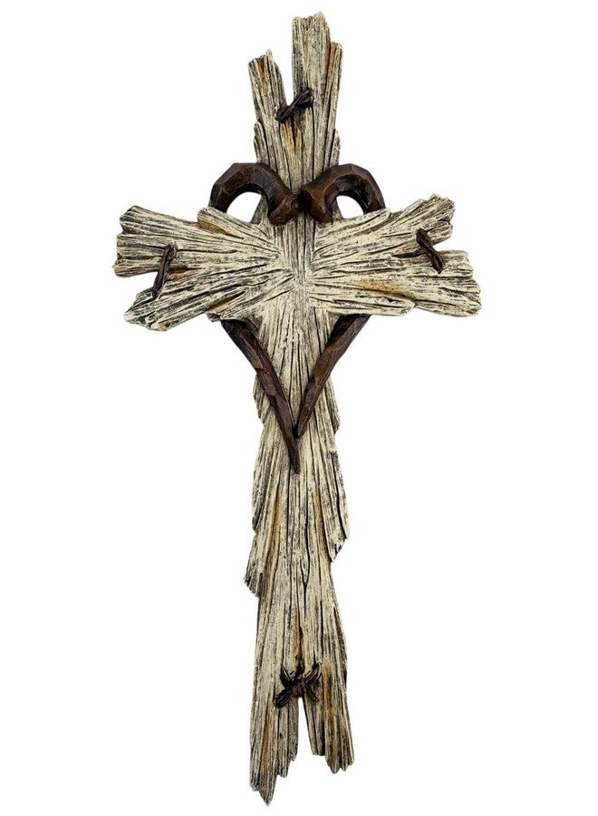 Top Brass Rustic Wood-Look Resin Wall Cross with Barbed Wire & Nail Heart Accents - 11 ½” Christian Farmhouse Wall Décor, Inspirational Religious Gift (Whitewash) - Image 1