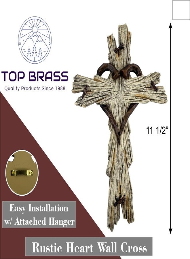 Top Brass Rustic Wood-Look Resin Wall Cross with Barbed Wire & Nail Heart Accents - 11 ½” Christian Farmhouse Wall Décor, Inspirational Religious Gift (Whitewash) - Image 2