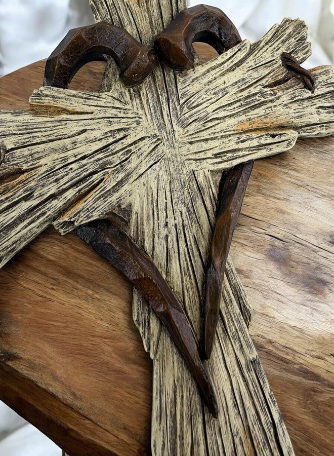 Top Brass Rustic Wood-Look Resin Wall Cross with Barbed Wire & Nail Heart Accents - 11 ½” Christian Farmhouse Wall Décor, Inspirational Religious Gift (Whitewash) - Image 4