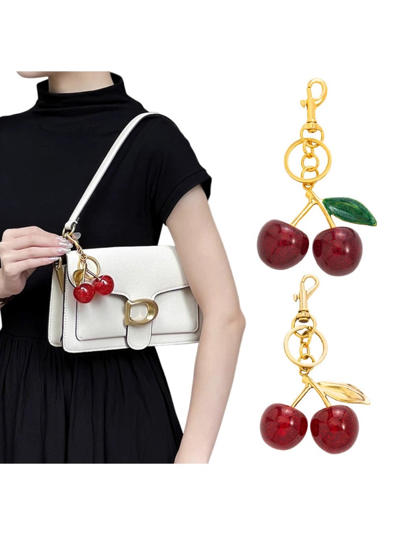 LUNJE 2Pcs Cherry Keychain & Pearl Bow Keychain, Sparkly Bowknot Purse Charm Flower Key Chain for Handbags Backpacks Keys - Image 1