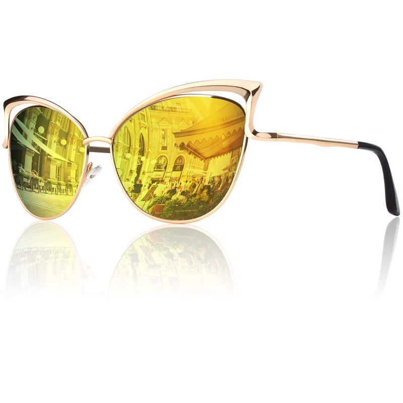 GQUEEN Womens Oversized Polarized Metal Frame Mirrored Cat Eye Sunglasses MT3