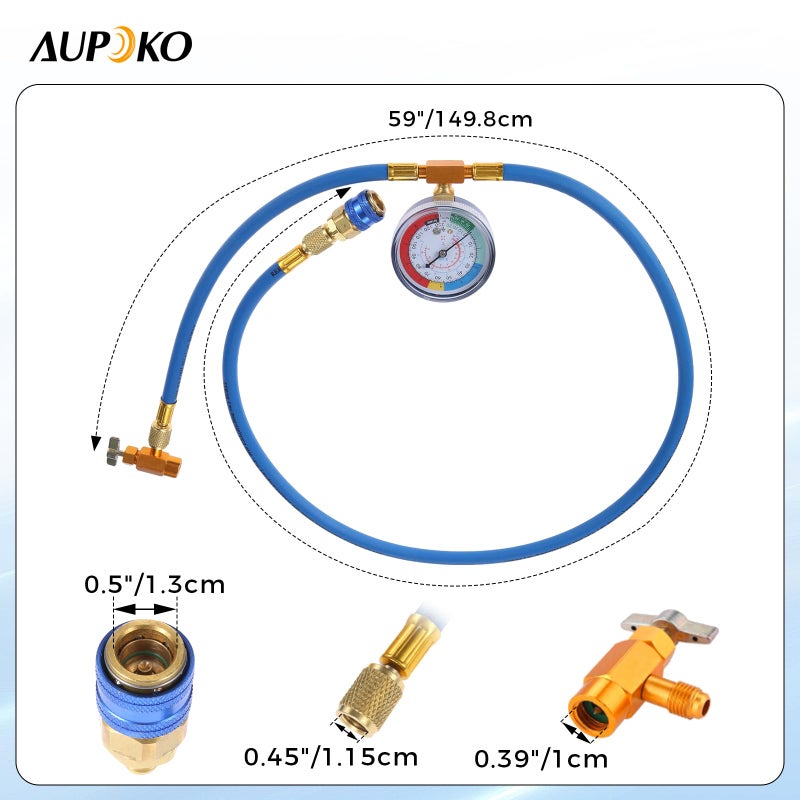 Aupoko R134A Car AC Refrigerant Charge Hose 59'', AIr Condition Charge Hose with Gauge R134A Can Puncturing Type Tap Valve, A/C Quick Coupler Low Pressure Gauge Kit - Image 2