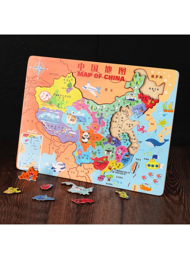 China Map Wooden Puzzle Magnetic Large World Plane Early Childhood Educational Toys Puzzle Geographical Cognition-Color:Children's Edition-Map Of China - Image 1