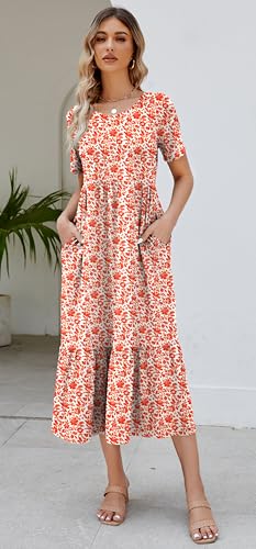 Jeqeocafy Summer Dresses for Women Flowy Maxi Sundress Short Sleeve Tiered Beach Dress with Pockets 2026 Vacation Travel - Image 2