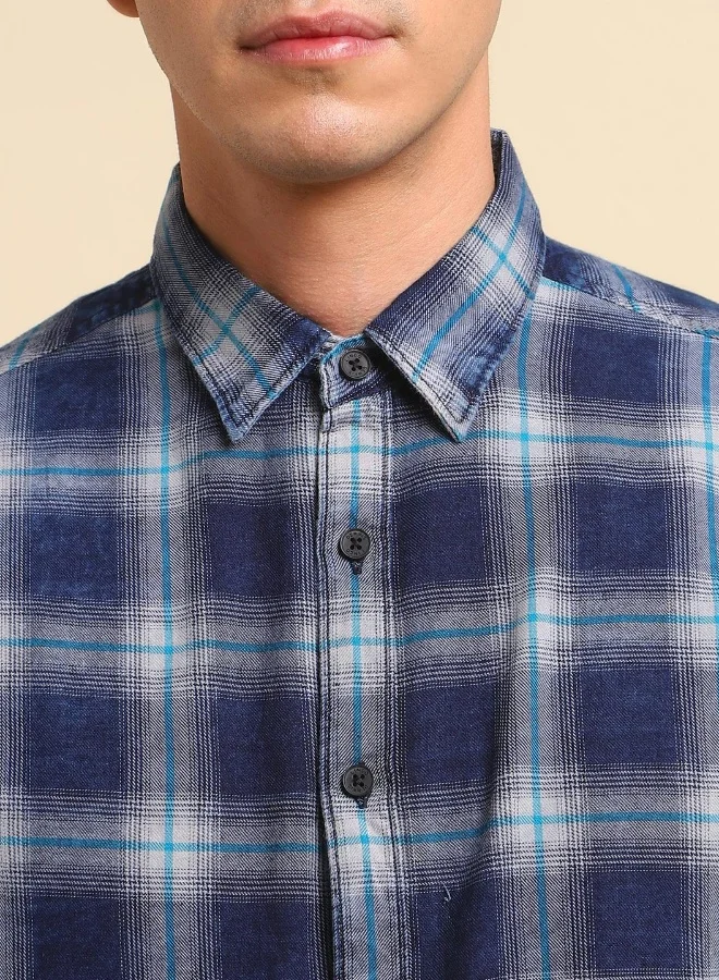 Dennis Lingo Teal Slim Fit Checks Shirt for Men - Cotton, Full Sleeves, Spread Collar, Casual,