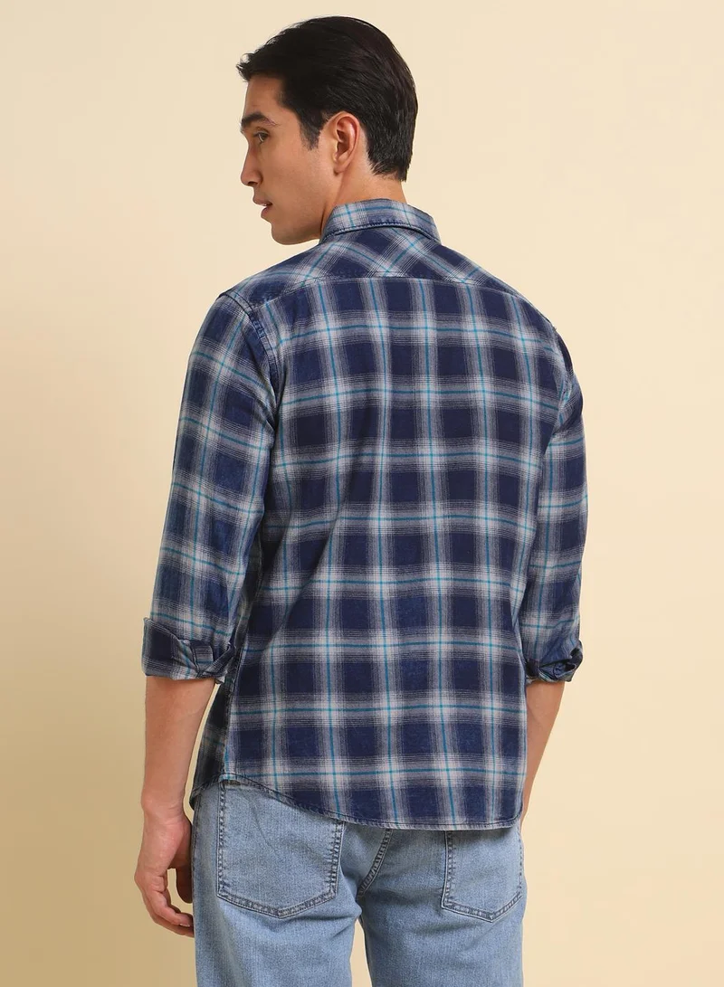 Dennis Lingo Teal Slim Fit Checks Shirt for Men - Cotton, Full Sleeves, Spread Collar, Casual,
