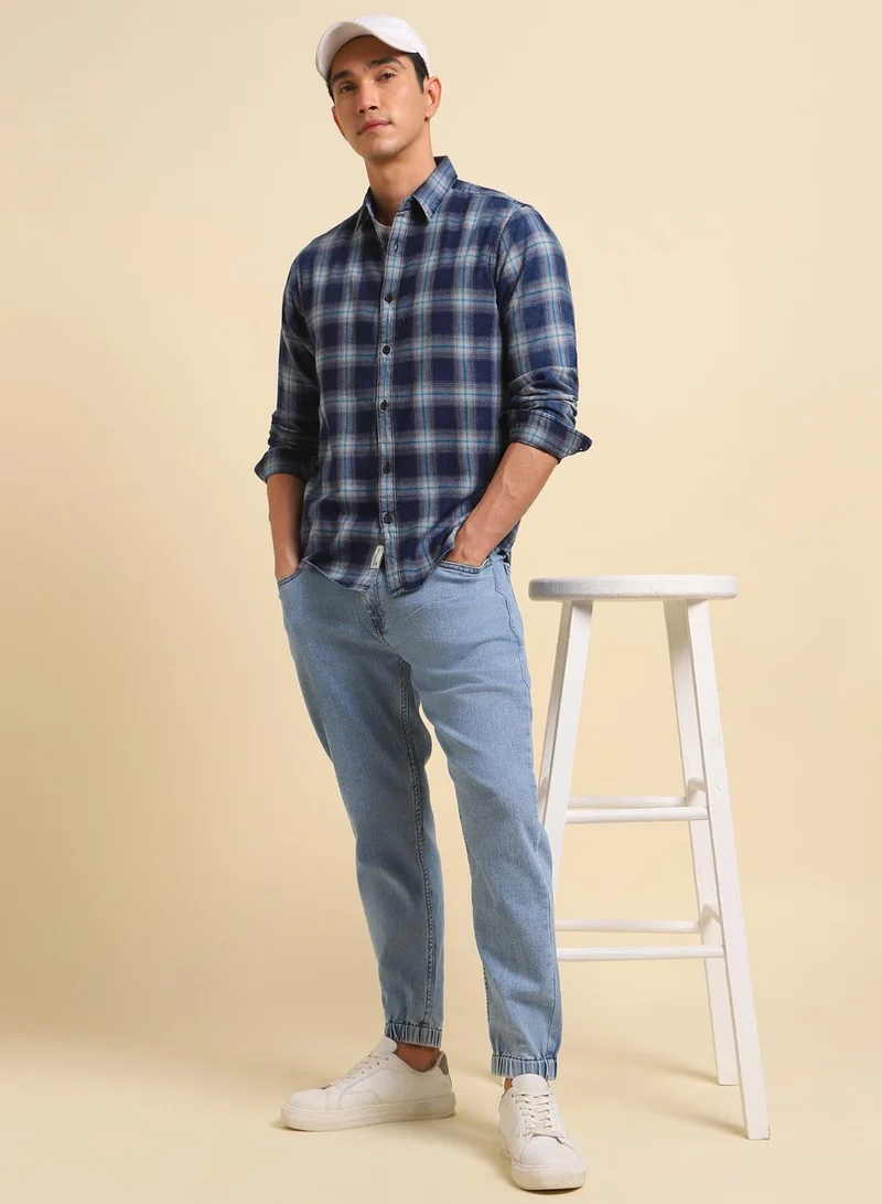 Dennis Lingo Teal Slim Fit Checks Shirt for Men - Cotton, Full Sleeves, Spread Collar, Casual,