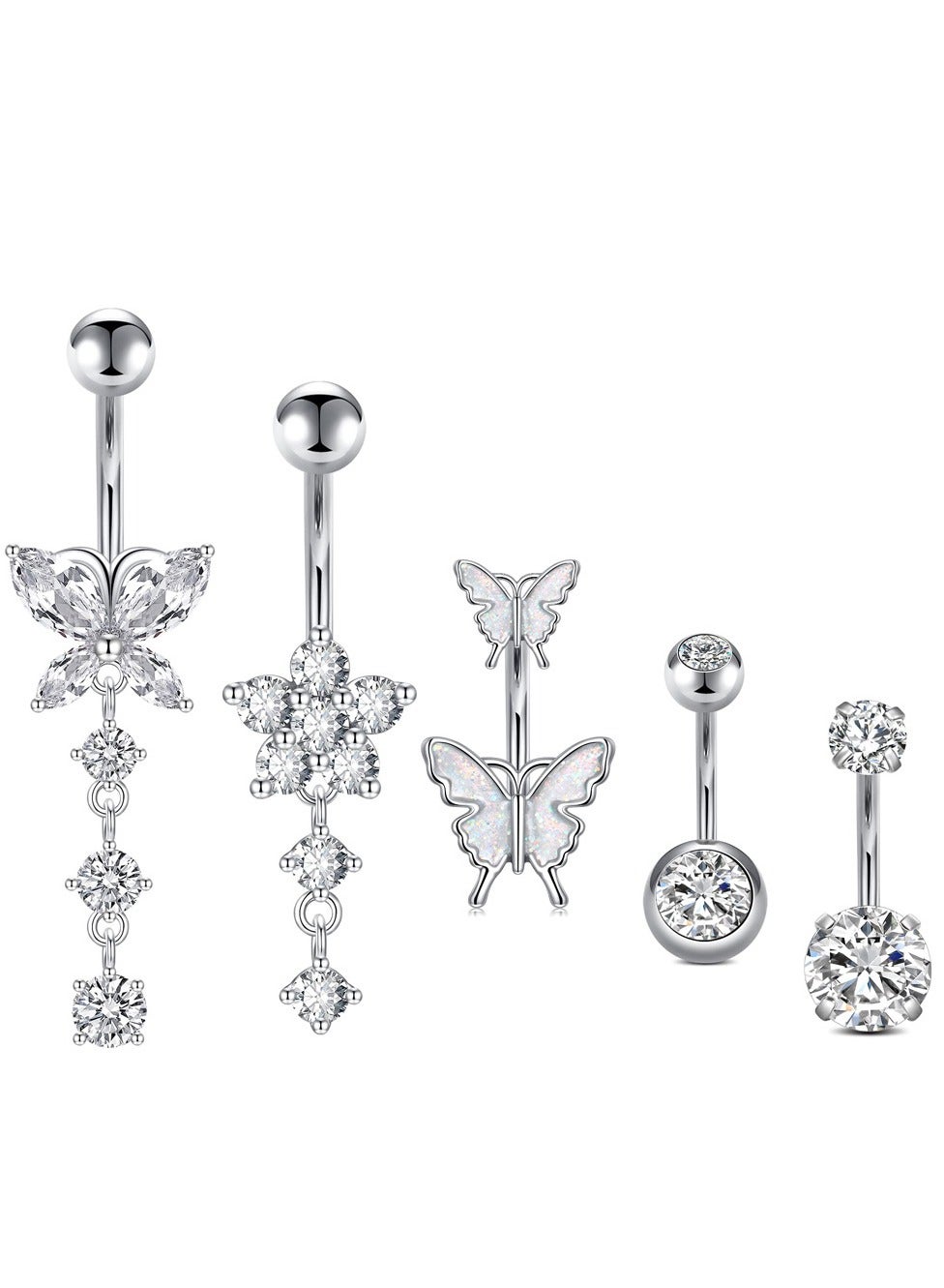 5pcs Silver Belly Ring Set Stainless Steel Belly Button for Women Sparkling butterfly design Rhinestone studded Navel ring Body Jewelry Gifts perfect for holiday&dating & party & wedding