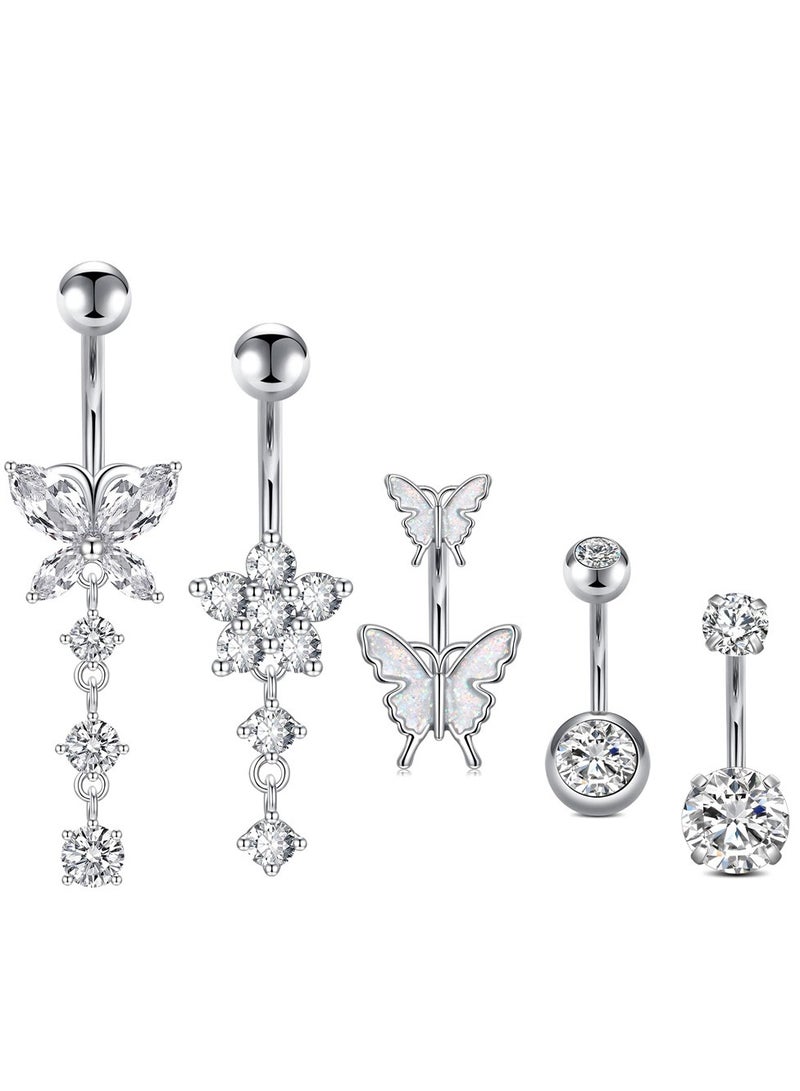 Innoshine 5pcs Silver Belly Ring Set Stainless Steel Belly Button for Women Sparkling  butterfly design Rhinestone studded Navel ring  Body Jewelry Gifts perfect for holiday&dating & party & wedding  - Image 1