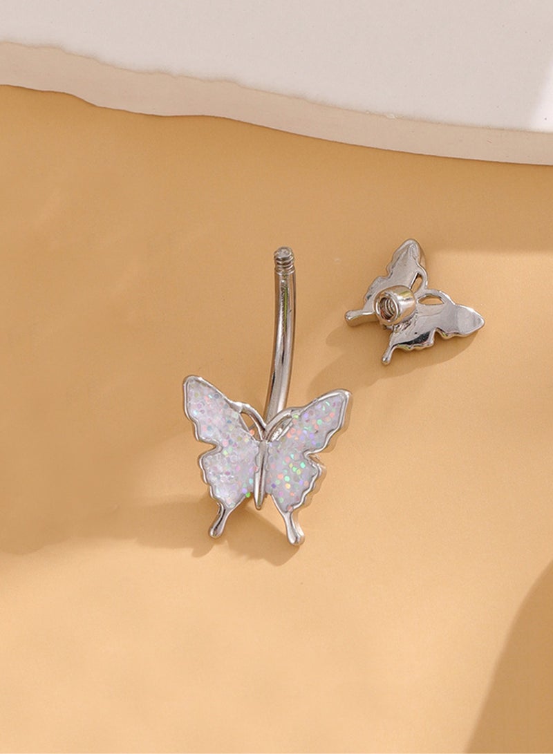 Innoshine 5pcs Silver Belly Ring Set Stainless Steel Belly Button for Women Sparkling  butterfly design Rhinestone studded Navel ring  Body Jewelry Gifts perfect for holiday&dating & party & wedding  - Image 4