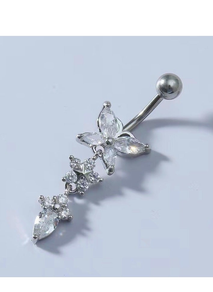 Innoshine 5pcs Silver Belly Ring Set Stainless Steel Belly Button for Women Sparkling  butterfly design Rhinestone studded Navel ring  Body Jewelry Gifts perfect for holiday&dating & party & wedding  - Image 2
