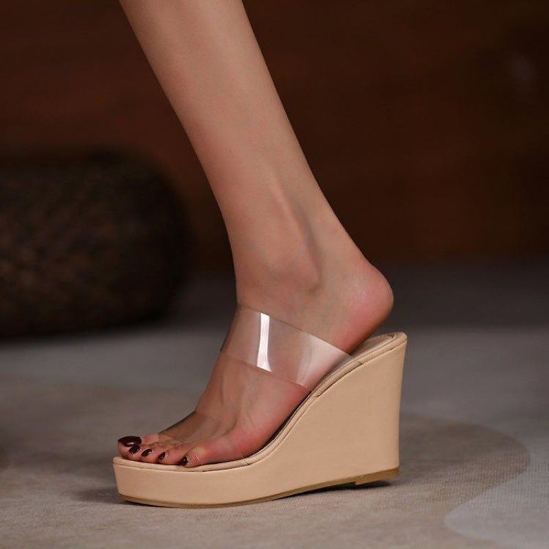 2024 Summer British Wedge Transparent Womens Slippers Nude double belt