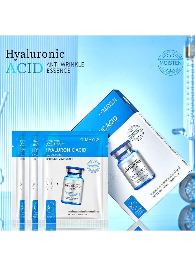 O'Mayln Hyaluronic Acid Facial Mask, Hydrating Repairing Whitening Smoothing Fine Lines Anti-Wrinkle Brightening Face Mask for All Skin Types 10 Pcs - Image 3