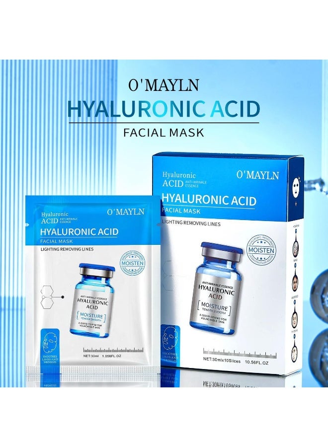 O'Mayln Hyaluronic Acid Facial Mask, Hydrating Repairing Whitening Smoothing Fine Lines Anti-Wrinkle Brightening Face Mask for All Skin Types 10 Pcs - Image 1