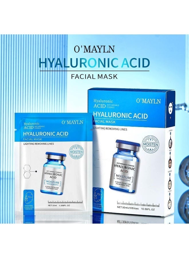 O'Mayln Hyaluronic Acid Face Mask - 10Pcs | Deep Hydration, Skin Brightening, Anti-Wrinkle & Fine Line Smoothing Repair Mask Anti-Aging, Moisturizing & Repairing Sheet Mask for Dry, Sensitive Skin Hyaluronic Acid Mask for All Skin Types - Image 1