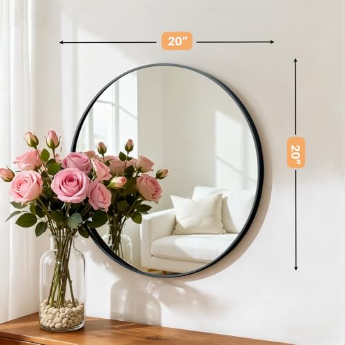 Atilioo Bathroom Mirror for Wall, 20 Inch Round Mirror, Matte Black Metal Framed Circle Vanity Mirror for Bathroom Bedroom Living Room Entryway, Anti-Rust, Tempered Glass, Hanging or Leaning - Image 3