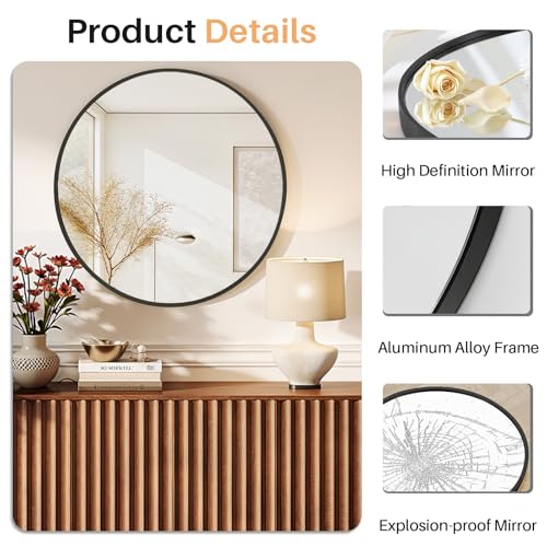 Atilioo Bathroom Mirror for Wall, 20 Inch Round Mirror, Matte Black Metal Framed Circle Vanity Mirror for Bathroom Bedroom Living Room Entryway, Anti-Rust, Tempered Glass, Hanging or Leaning - Image 4
