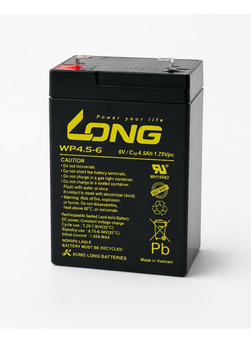 Long Lead Acid AGM Battery (4.5Ah/6 Volt) Long 6V/C20 4.5Ah 1.75VPc