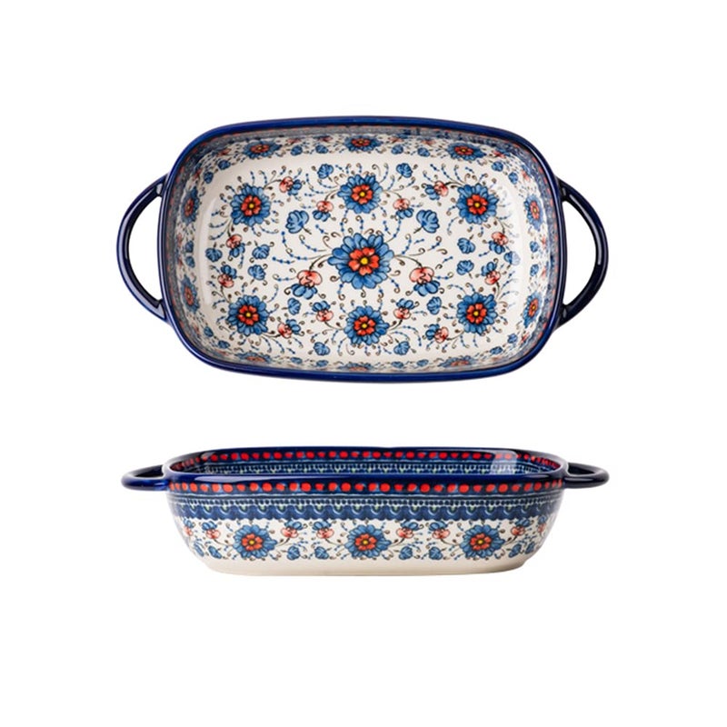 Bicuzat Blue and Orange Flower Vintage Style Ceramic Bakeware Casserole Dish Baking Pan Lasagna Pans with Handles for Oven/Cooking/Kitchen-1 PCS-22 OZ - Image 1