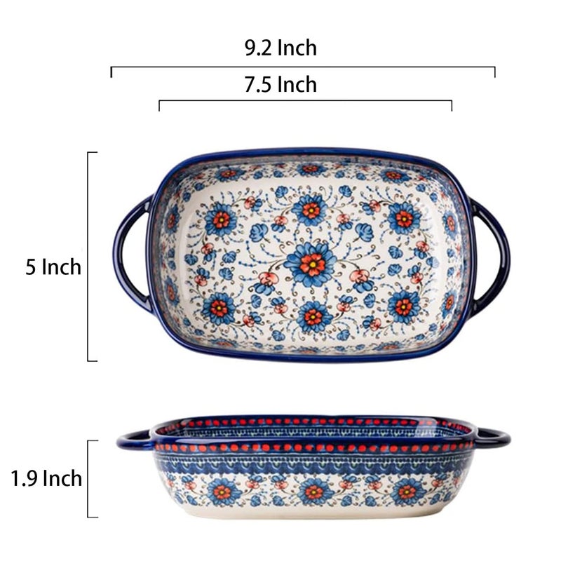 Bicuzat Blue and Orange Flower Vintage Style Ceramic Bakeware Casserole Dish Baking Pan Lasagna Pans with Handles for Oven/Cooking/Kitchen-1 PCS-22 OZ - Image 2