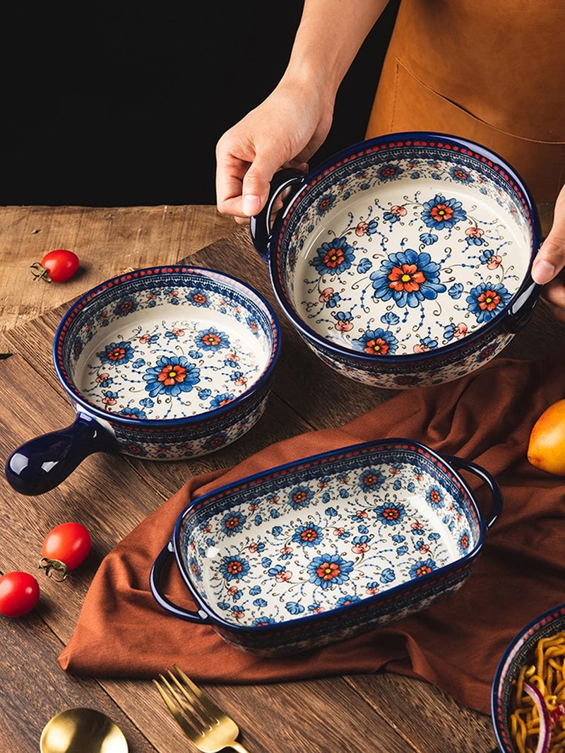Bicuzat Blue and Orange Flower Vintage Style Ceramic Bakeware Casserole Dish Baking Pan Lasagna Pans with Handles for Oven/Cooking/Kitchen-1 PCS-22 OZ - Image 4