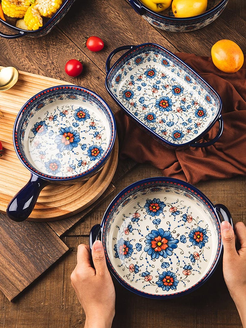 Bicuzat Blue and Orange Flower Vintage Style Ceramic Bakeware Casserole Dish Baking Pan Lasagna Pans with Handles for Oven/Cooking/Kitchen-1 PCS-22 OZ - Image 3