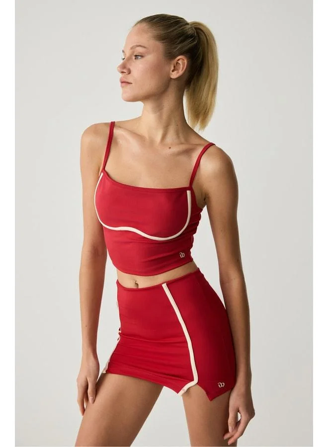 MARIA Women’s Super Soft Red Skirt with Striped Piping Details and a Slit.