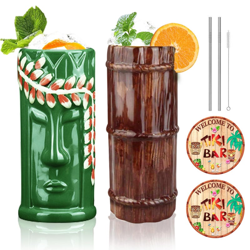 SuproBarware TIKI Mug Set Set of 2 Ceramic TIKI Mug 15oz440ml Tropical Style Cocktail Glass Set for Cocktail Lover Flower Set