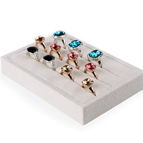 Oirlv linen 3 Slots Ring Earrings Display Trays Showcase Jewelry Organizer (creamy-white,rectangle) - Image 1
