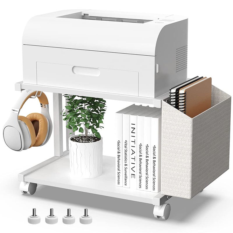 VEDECASA 2 Tier Modern White Wooden Under Desk Printer Stand with Storage Bag for Home Office Desktop Printer Table Organizer Mobile Printer Shelf Cart with Caster Wheel (White) - Image 1