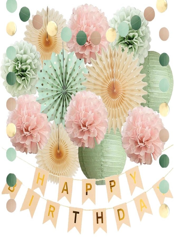 FETETIJD Sage Green and Light Pink Birthday Decorations Pastel Pink and Green Birthday Decorations Boho Dusty Rose Blush Pom Poms Beige Fans with Happy Birthday Banner Beige and Gold for Women Girls - Image 1