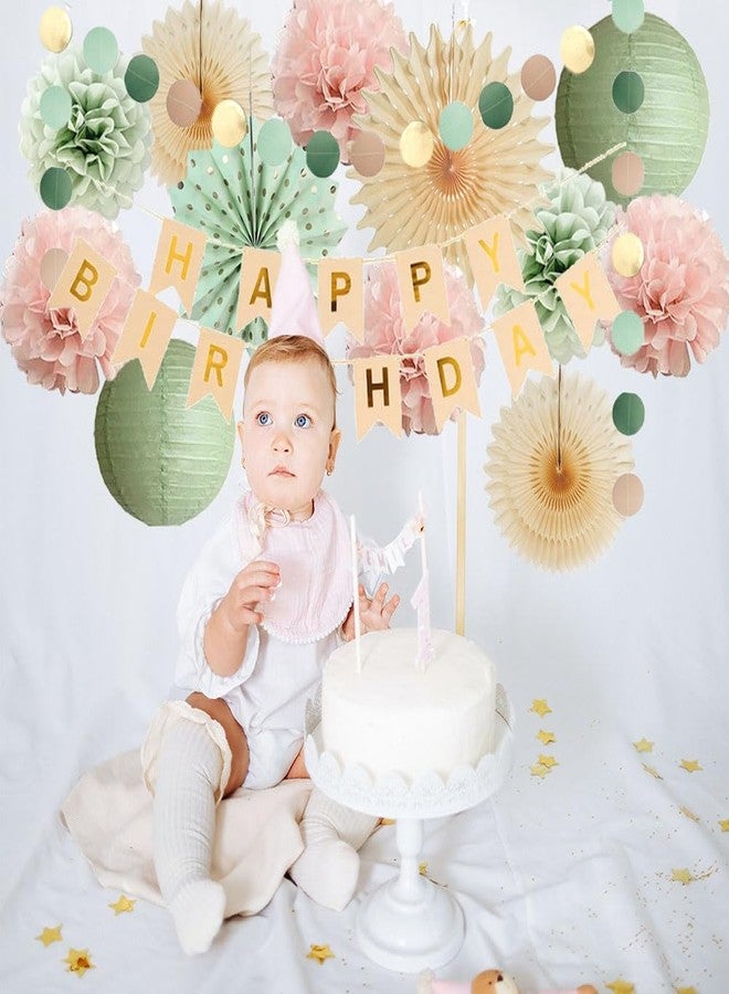 FETETIJD Sage Green and Light Pink Birthday Decorations Pastel Pink and Green Birthday Decorations Boho Dusty Rose Blush Pom Poms Beige Fans with Happy Birthday Banner Beige and Gold for Women Girls - Image 2
