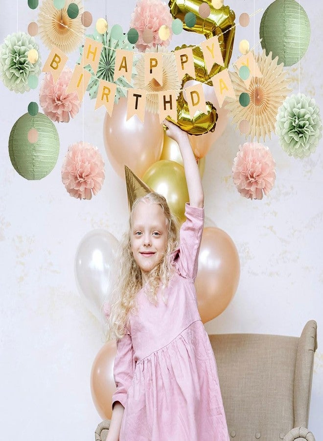 FETETIJD Sage Green and Light Pink Birthday Decorations Pastel Pink and Green Birthday Decorations Boho Dusty Rose Blush Pom Poms Beige Fans with Happy Birthday Banner Beige and Gold for Women Girls - Image 4