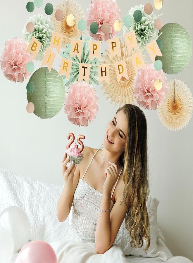 FETETIJD Sage Green and Light Pink Birthday Decorations Pastel Pink and Green Birthday Decorations Boho Dusty Rose Blush Pom Poms Beige Fans with Happy Birthday Banner Beige and Gold for Women Girls - Image 3