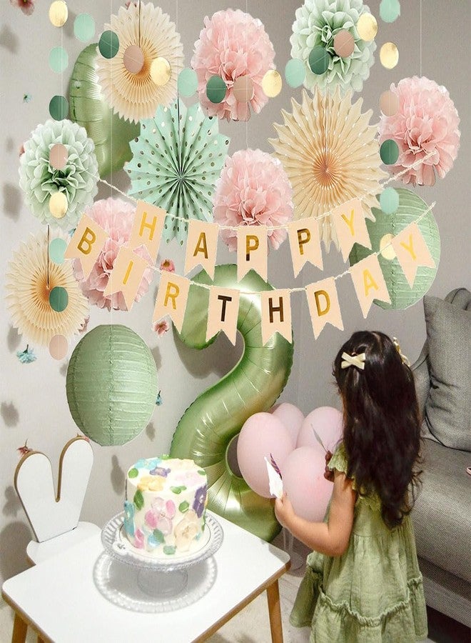 FETETIJD Sage Green and Light Pink Birthday Decorations Pastel Pink and Green Birthday Decorations Boho Dusty Rose Blush Pom Poms Beige Fans with Happy Birthday Banner Beige and Gold for Women Girls - Image 5