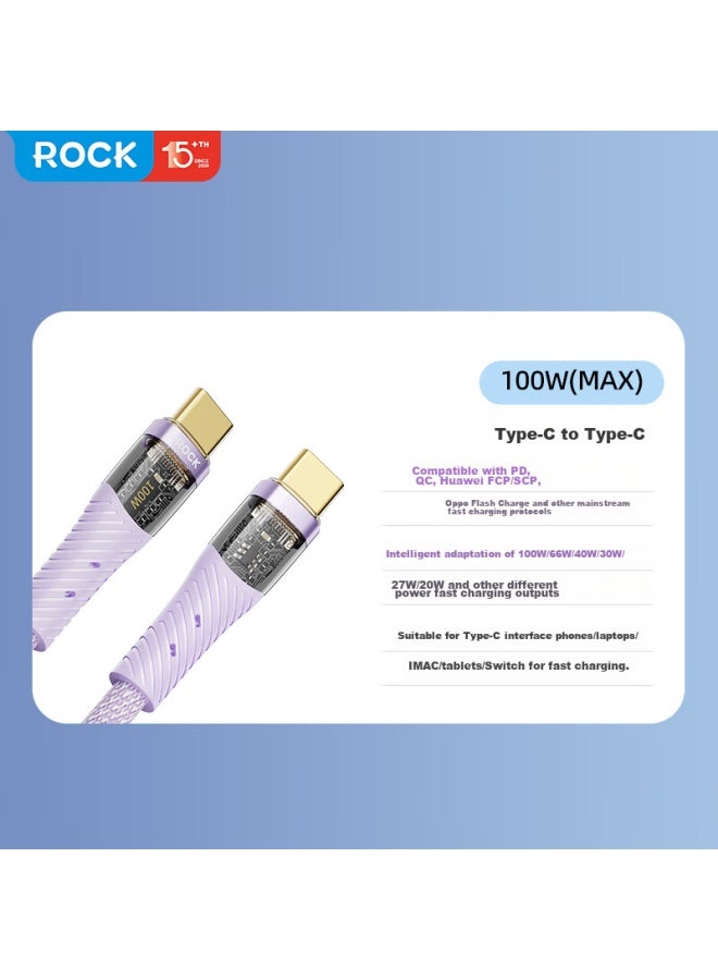 Rock Apple 16/15 Charging Cable, Dual Type-c Data Cable, Pd100w Fast Charging, 5a Car Charger, For Iphone 15/16 Pro Max, Tablet, Laptop, Huawei, Honor, Purple - Image 2