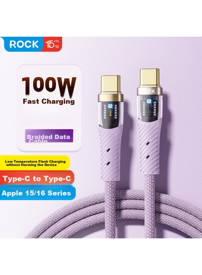 Rock Apple 16/15 Charging Cable, Dual Type-c Data Cable, Pd100w Fast Charging, 5a Car Charger, For Iphone 15/16 Pro Max, Tablet, Laptop, Huawei, Honor, Purple - Image 1