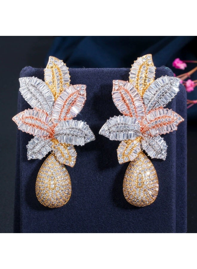 Ciara S925 silver needle European and American atmospheric ladder cubic zirconia three color electroplated earrings tropical pineapple earrings - Image 1